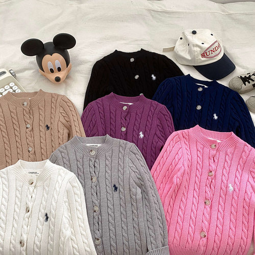 男童女童冬季小马标开衫加厚2024秋装儿童麻花毛衣宝宝春秋针织衫