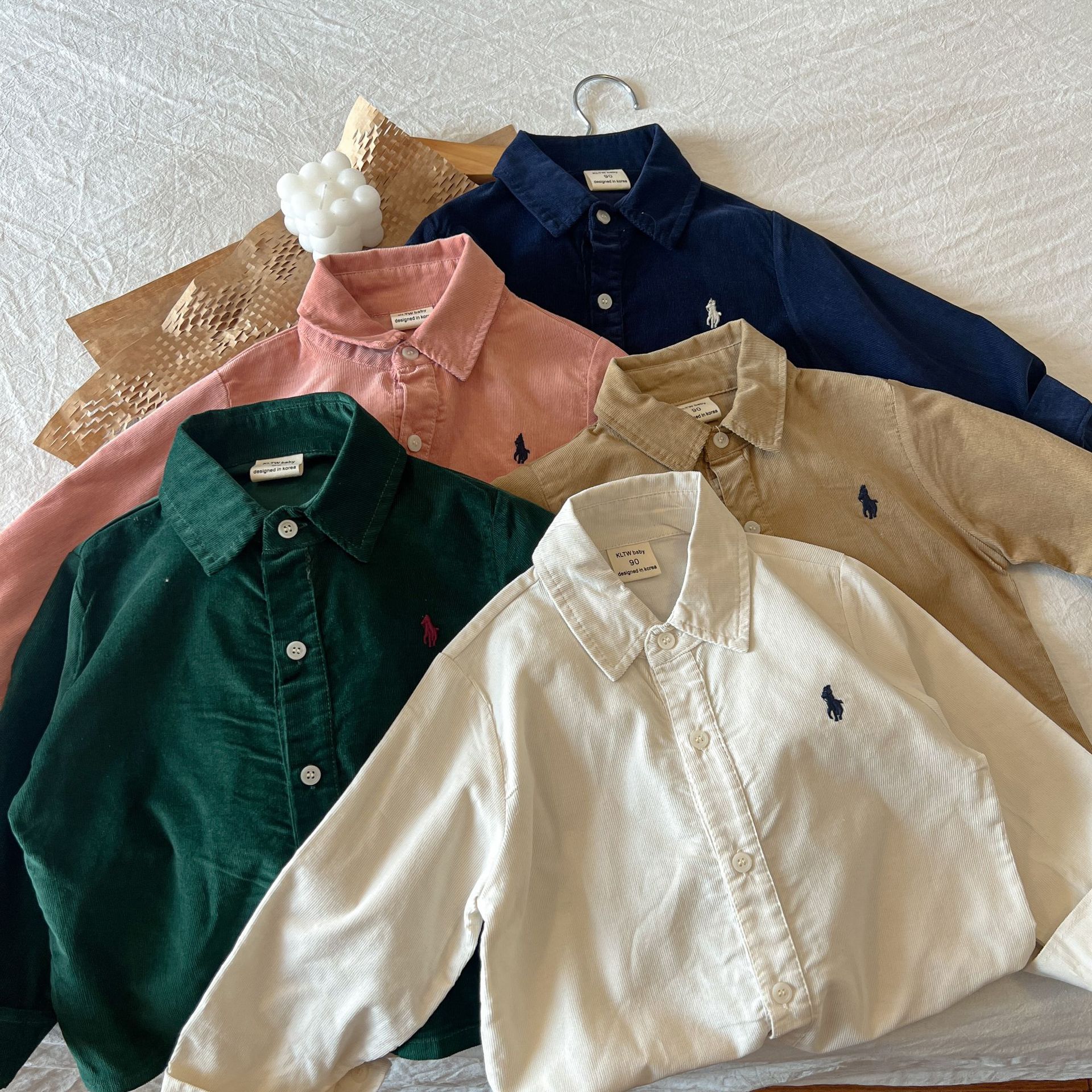 男童女童纯色长衬衫2024春秋新款长袖灯芯绒衬衣儿童翻领马仔开衫