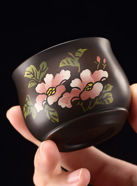 彩填云南建水紫陶茶杯手工
