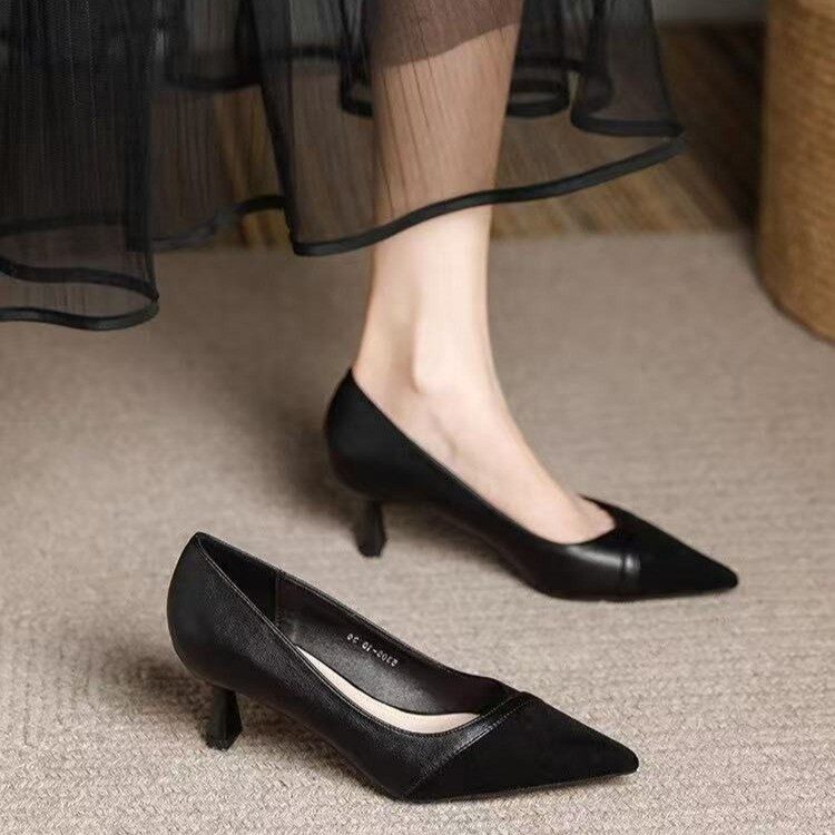 真皮尖头细跟高跟鞋女猫跟单鞋子