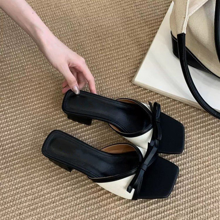 羊皮版一字带凉拖鞋女粗跟夏外穿