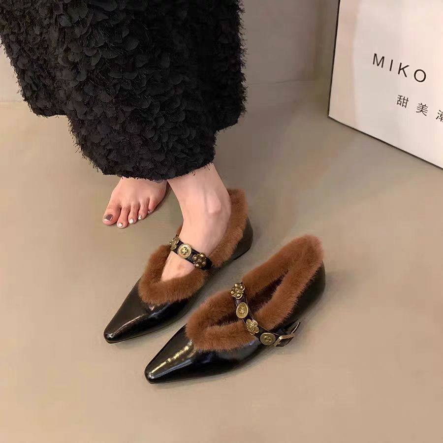 高跟玛丽珍单鞋女尖头毛毛鞋外穿