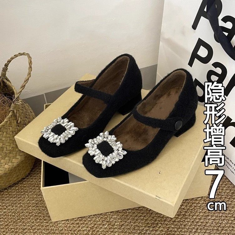 秋冬加绒毛毛鞋女方头高跟鞋单鞋