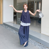 深蓝色时尚套装女夏季2025年新款设计感蕾丝拼接背心阔腿裤两件套，女装套装/套裙，浙宝091A