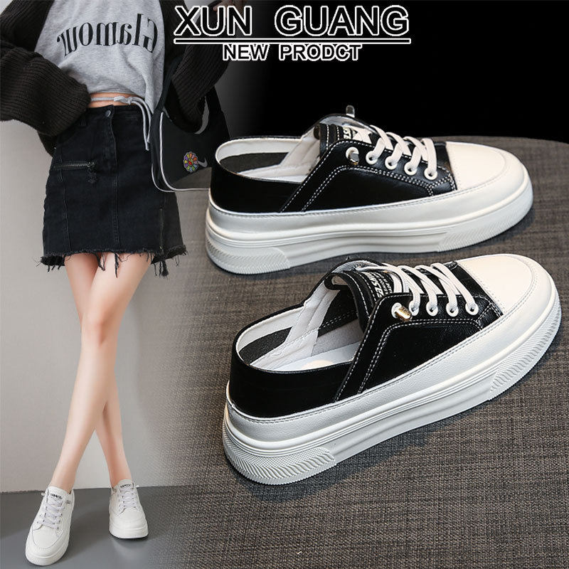 真皮小白鞋女生春季2025新款薄款百搭平底一脚蹬两穿运动休闲