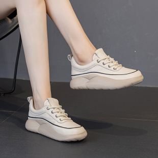 头层牛皮春季女鞋子百搭圆头系带厚底真皮小白鞋女款护士休闲鞋