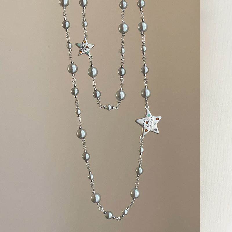 高级感灰色珍珠五角星长款毛衣链女轻奢复古时尚潮流气质百搭项链
