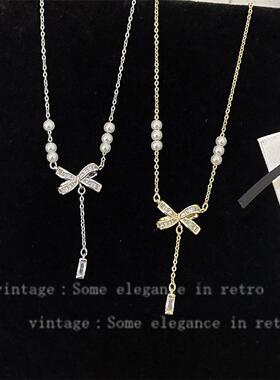 时尚轻奢风超闪锆石蝴蝶结珍珠项链女气质百搭小众设计感颈链义务