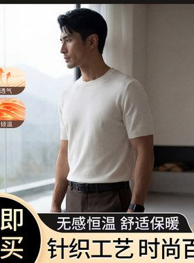纯山羊绒衫男士半袖t恤圆领毛衣