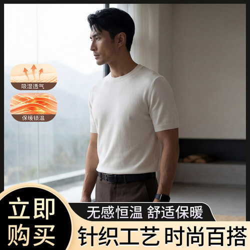 纯山羊绒衫男士半袖t恤圆领毛衣