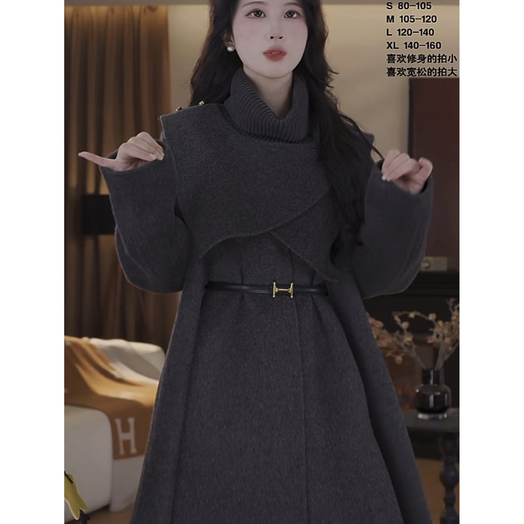 秋冬新款可拆卸斗篷毛呢大衣女