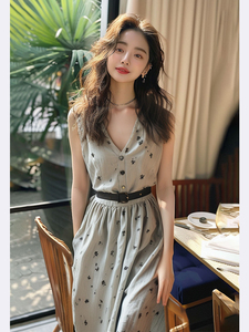 法式高级感灰色碎花v领收腰连衣裙女夏季新款显瘦气质无袖长裙子