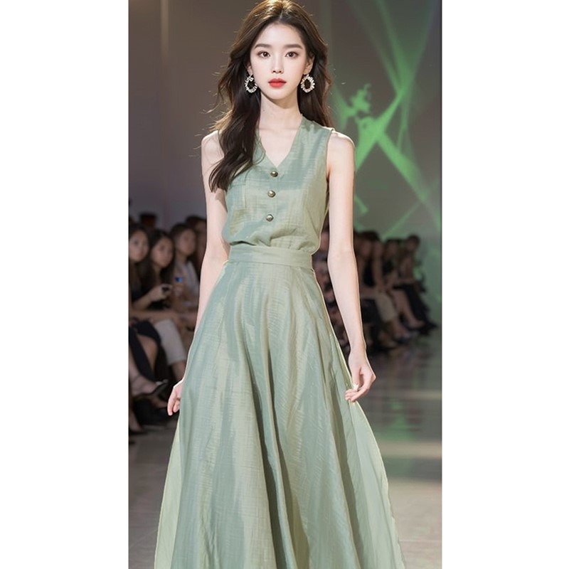 法式小清新v领收腰显瘦连衣裙女