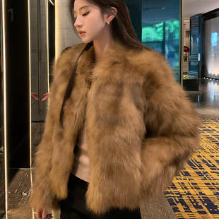 棕色仿狐狸毛轻盈年轻感环保皮草外套女冬季 毛绒绒保暖大衣女 新款