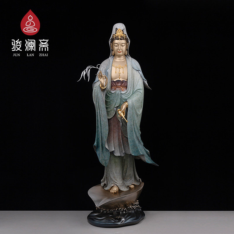 骏澜斋铜一叶观音佛像供奉家用南海滴水观世音菩萨站姿铜像摆件
