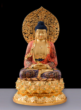 台湾彩绘金彩释迦牟尼佛像三宝佛精品铜雕如来佛祖佛堂供奉摆件