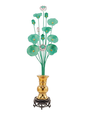 手工捏制供佛花瓶一对莲花佛堂仿真花束假花鎏金色荷花彩绘供前