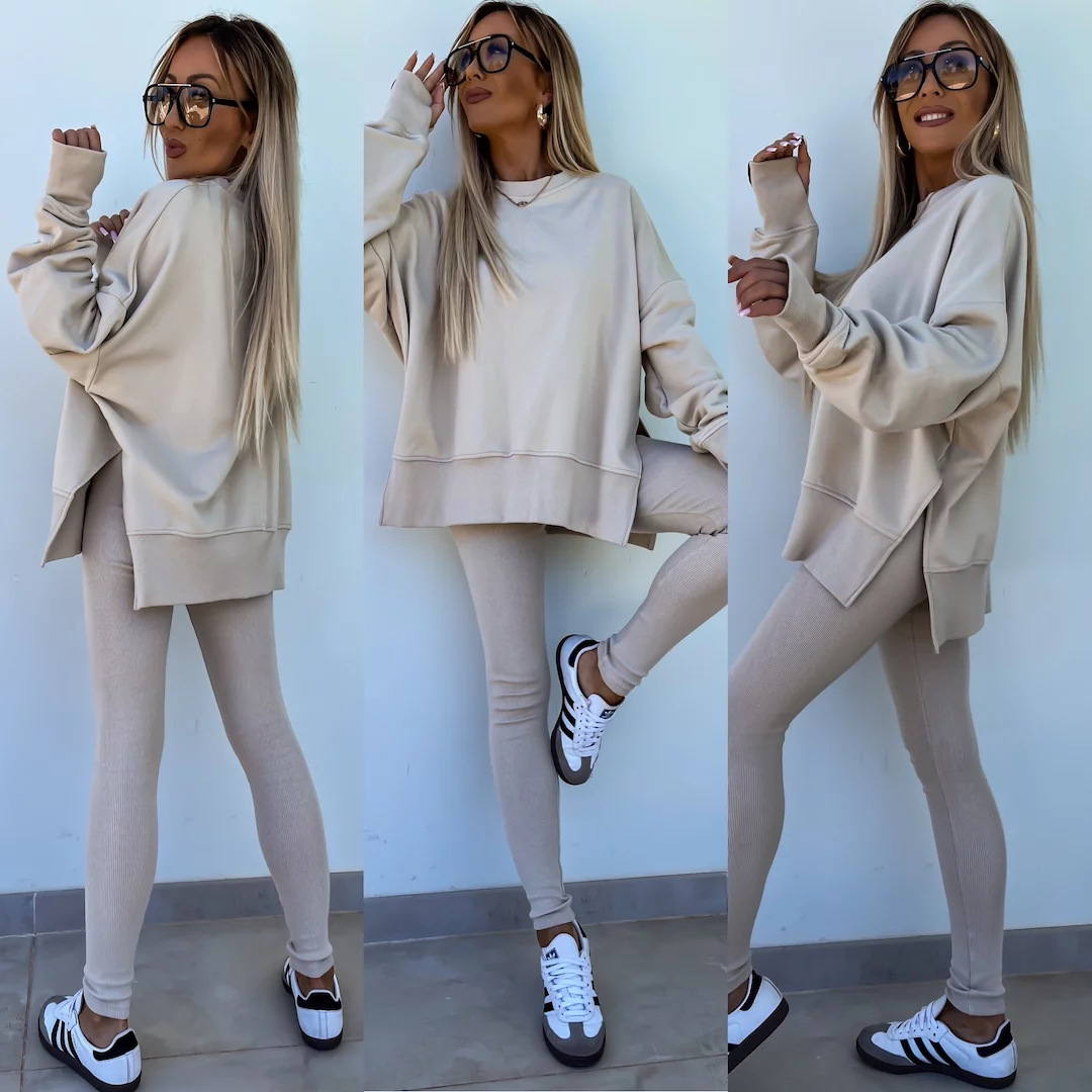 Women's Suit Casual Loose Long-sleeved Round Neck Split Top