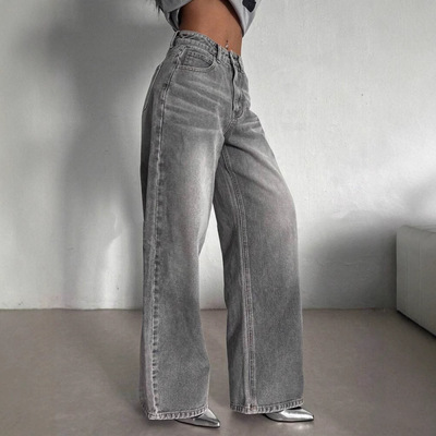 American Style Retro Cement Grey High Waist Jeans rendy Bran