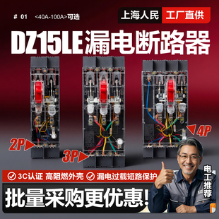 上海人民DZ15LE漏电开关三相闸开关100A漏电开关单相2P3P4P断路器