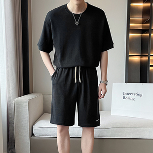 男士 專柜夏季 套裝 輕奢純棉寬松圓領(lǐng)t恤休閑運動短褲 華夫格短袖 兩