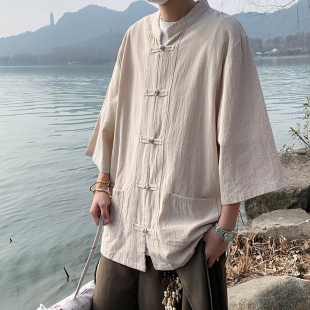 盤扣亞麻唐裝 上衣 中國風男女裝 專柜夏季 新中式 襯衫 薄款 漢服五分袖