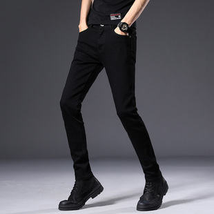 秋季直筒纯黑色牛仔裤男弹力修身小脚潮流百搭休闲长裤子男生加绒