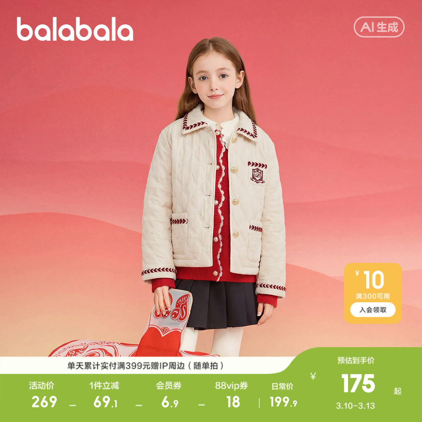 巴拉巴拉童装儿童外套女童棉服春装上衣翻领小香风洋气绣花时尚