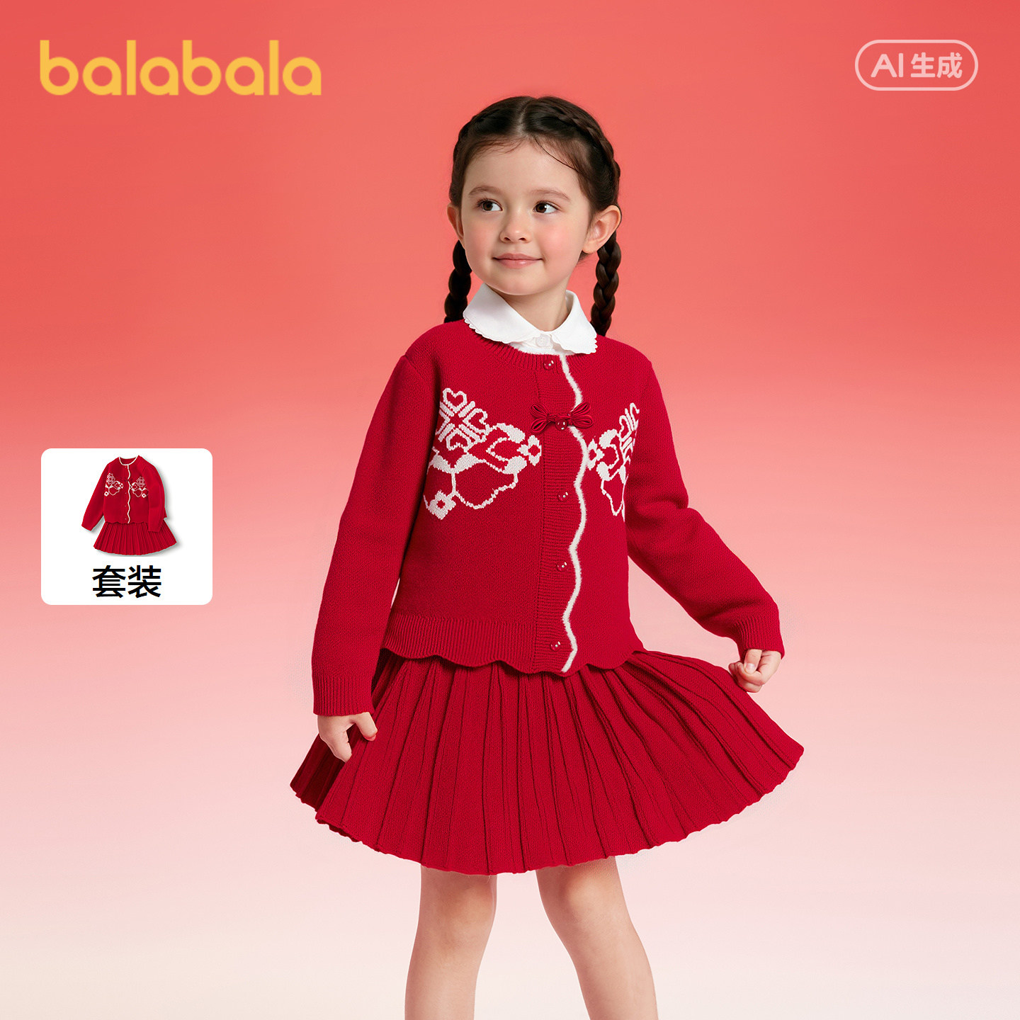 【国博IP】巴拉巴拉女童短裙套装儿童国风2025新两件套保暖春秋