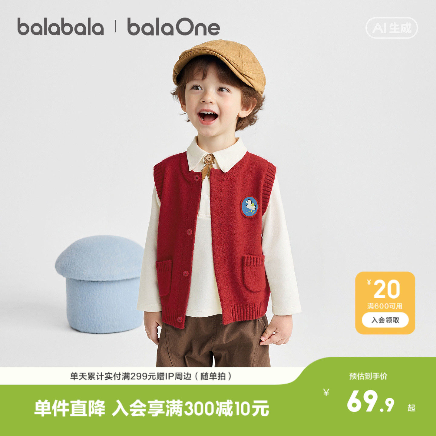 【balaOne】巴拉巴拉童装儿童马甲男女童2025新款春秋半边绒内搭