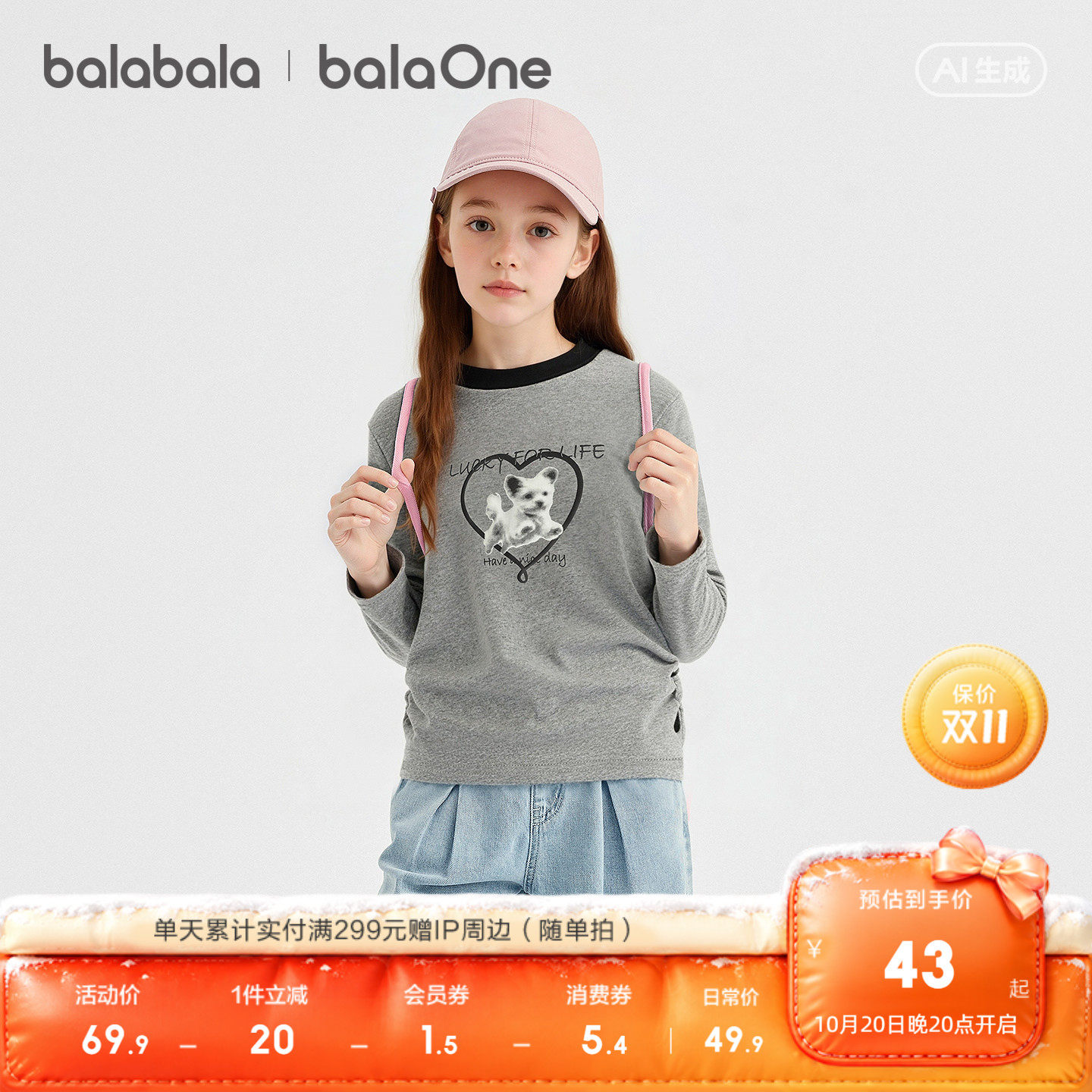 【balaOne】巴拉巴拉童装儿童长袖t恤女童2026春季新款收腰上衣潮