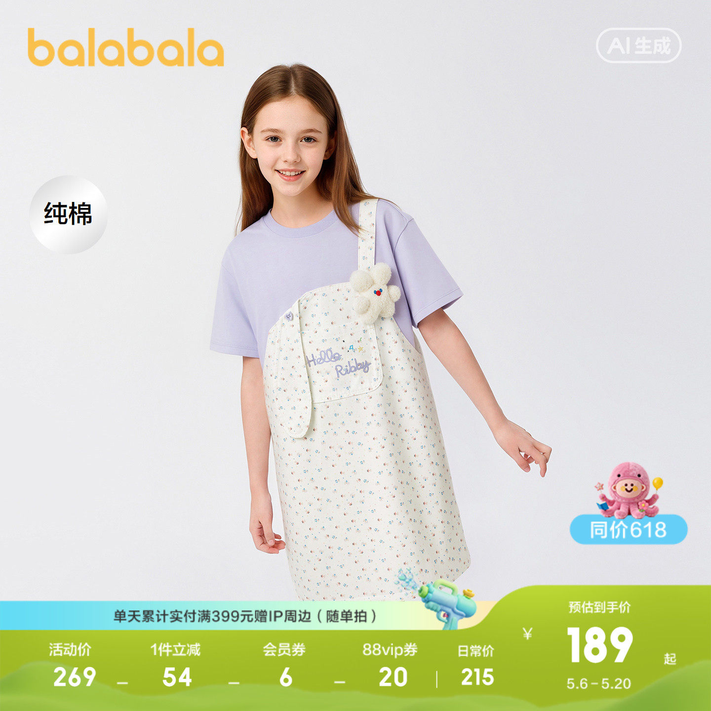 【商场同款】巴拉巴拉儿童裙子女童2026新款夏装牛仔假两件背带裙