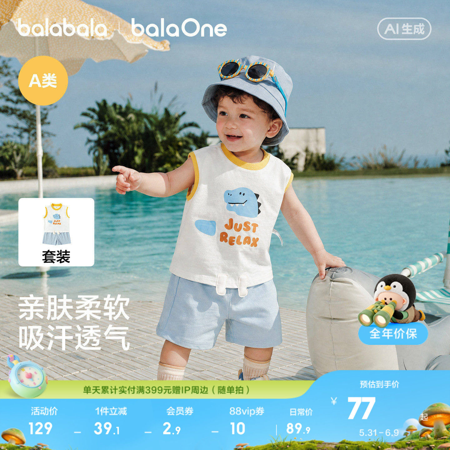 【balaOne】巴拉巴拉宝宝短袖t恤套装婴儿夏装2026新款可爱洋气萌