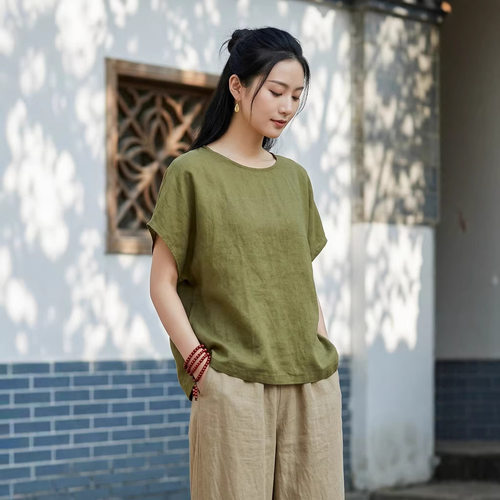 100%汉麻短袖套装寺院佛系松紧腰哈伦裤女休闲裤修行居士服女套装
