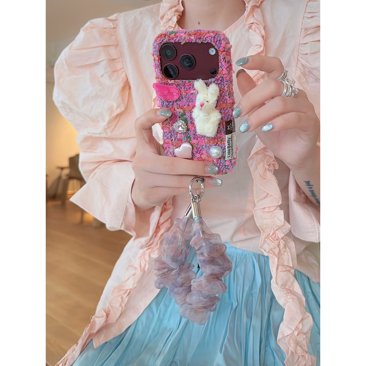 秋冬款毛绒绒布粉色小香风diy兔子手机壳加手链苹果15-18pm