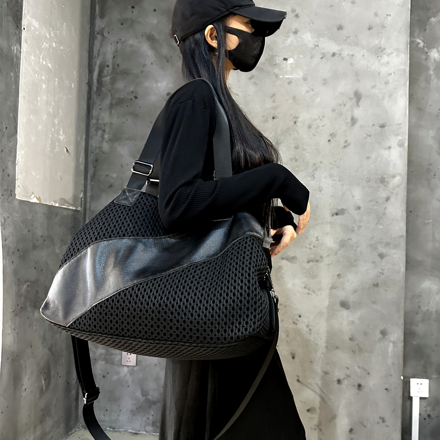 真皮托特包新款大容量小众单肩包时尚通勤网面斜挎包慵懒风包包女