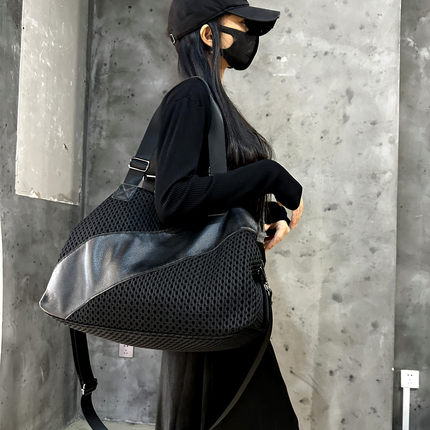 真皮托特包新款大容量小众单肩包时尚通勤网面斜挎包慵懒风包包女