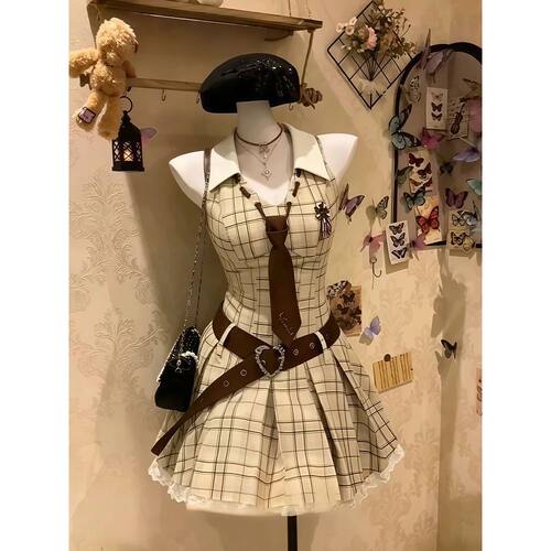 【旧格雅序】vintage复古格纹连衣裙 白翻领米白格纹收腰蓬摆裙