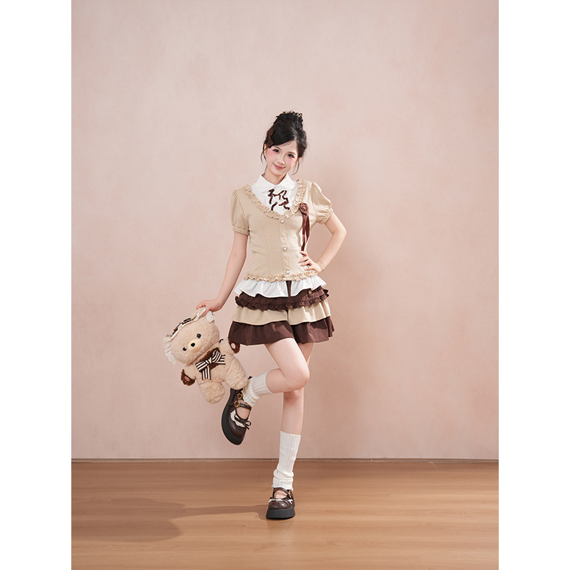 【摩卡少女】复古日系感假两件短时尚套装