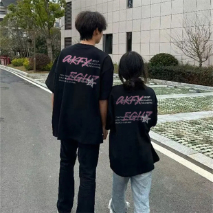 高街潮牌潮酷情侣装 t恤男女纯棉印花个性 上衣 复古短袖 WASSUP美式