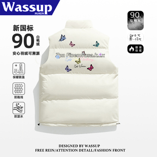 立领无袖 美式 外套 冬季 WASSUP街头潮牌90白鸭绒轻薄羽绒马甲男女款