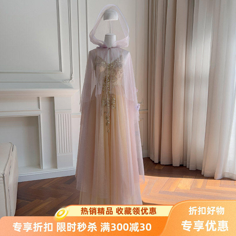 名媛风富家千金轻奢刺绣亮片网纱裙修身收腰礼服裙69240+斗篷Y473