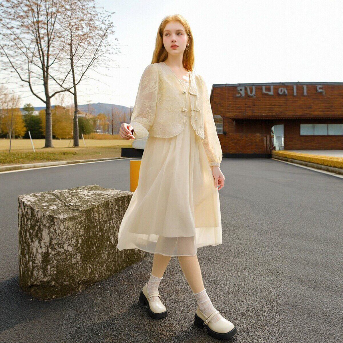 秋装首波【芭】天丝流苏盘扣刺绣！碎花外套+吊带连衣裙两件套装