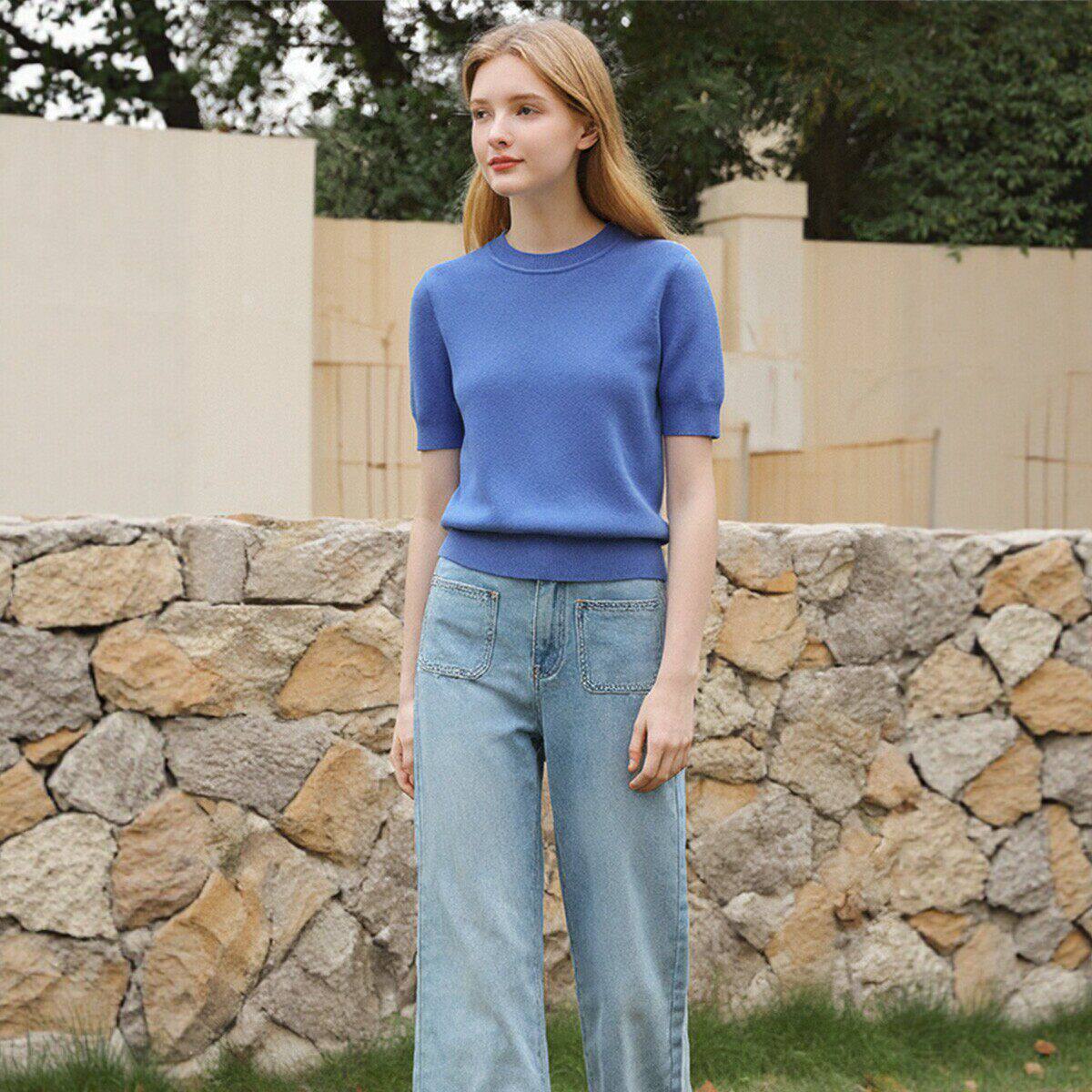 【欧海】30.1%绵羊毛小个子纯色修身短袖针织衫007品牌折扣店26春 - 淘宝联盟商品