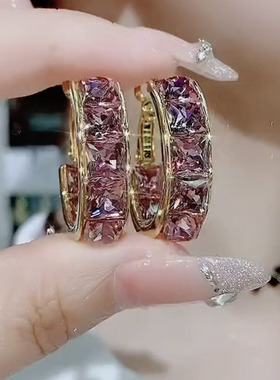 气质闪亮紫色水晶耳环网红高级感精致耳圈银针小众轻奢耳饰耳坠女