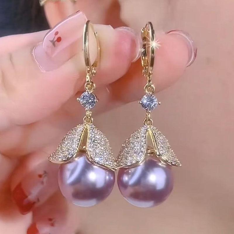 设计感满钻紫色珍珠耳环闪亮独特