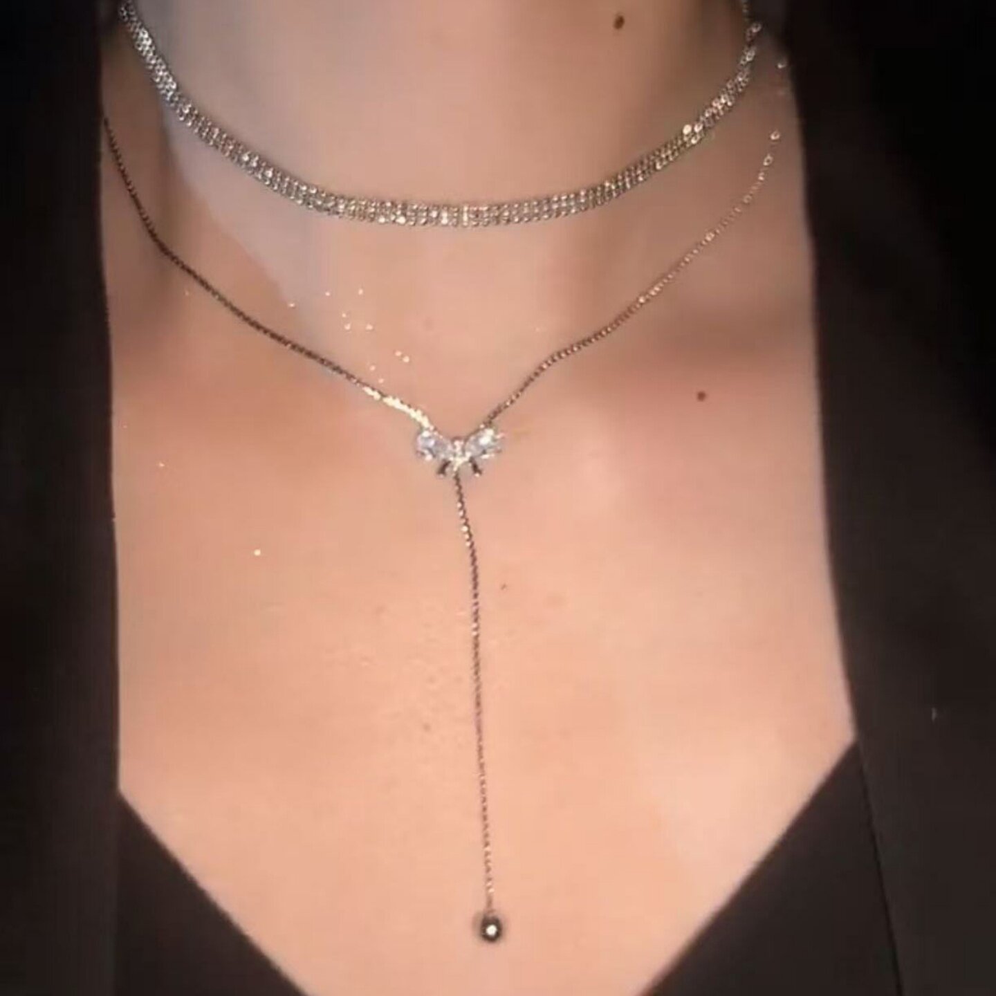 超闪双层叠戴满钻蝴蝶结锁骨链长款设计流苏颈链个性百搭项链日韩