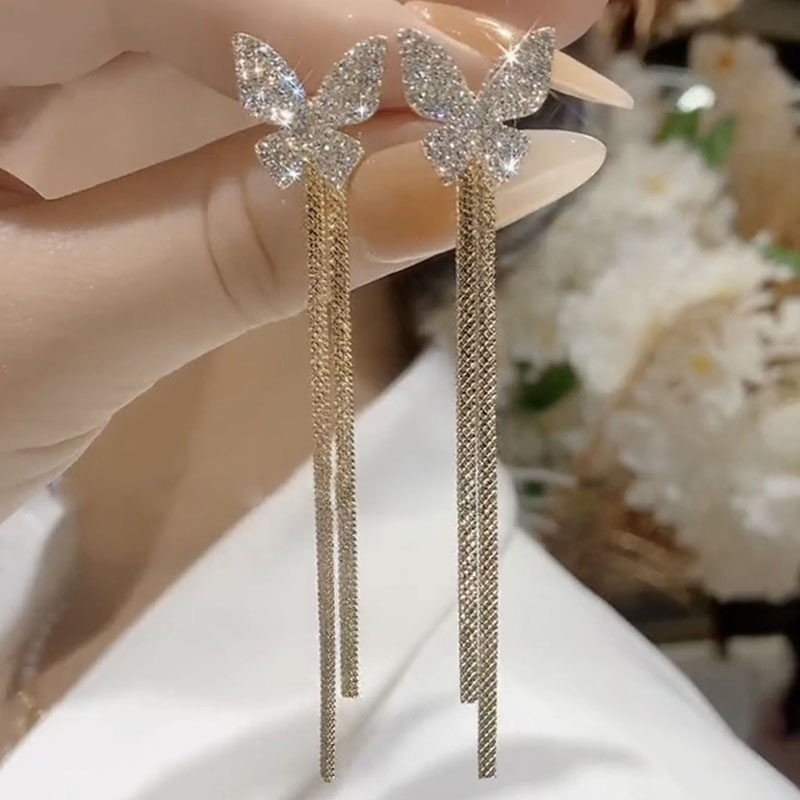 银针微镶锆石蝴蝶耳钉两戴流苏潮