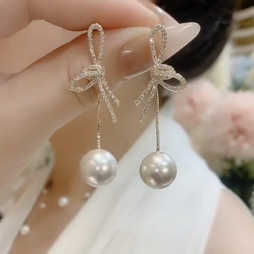 超仙蝴蝶结珍珠耳环法式设计感