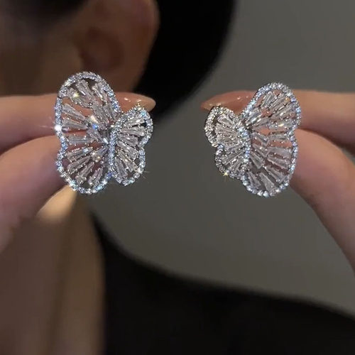 银针锆石两戴蝴蝶耳钉小众高级感